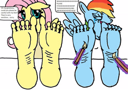 Size: 2168x1568 | Tagged: safe, artist:alexianbc, fluttershy, rainbow dash, pegasus, anthro, plantigrade anthro, g4, barefoot, brush, crying, eyes closed, feet, fetish, foot fetish, foot focus, laughing, levitation, magic, soles, tears of laughter, telekinesis, tickle fetish, tickle torture, tickling, toes