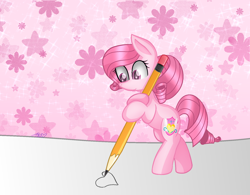 Size: 1694x1323 | Tagged: safe, artist:muhammad yunus, oc, oc only, oc:annisa trihapsari, earth pony, pony, female, flower, heart, mare, medibang paint, pencil, pink background, simple background, smiling, solo