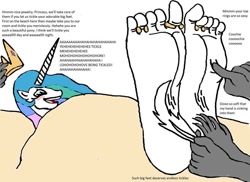 Size: 1024x744 | Tagged: safe, artist:alexianbc, princess celestia, alicorn, anthro, plantigrade anthro, g4, barefoot, buried in sand, crown, disembodied hand, eyes closed, feet, fetish, foot fetish, foot focus, hand, jewelry, laughing, offscreen character, regalia, soles, tickle fetish, tickle torture, tickling, toe ring, toes