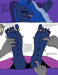Size: 1024x1325 | Tagged: safe, artist:alexianbc, princess luna, alicorn, anthro, plantigrade anthro, g4, barefoot, disembodied hand, eyes closed, feet, fetish, foot fetish, foot focus, hand, laughing, offscreen character, soles, tickle fetish, tickle torture, tickling, toe ring, toes