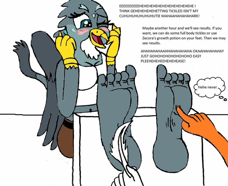 2508695 - safe, artist:alexianbc, gabby, scootaloo, sweetie belle, griffon,  anthro, plantigrade anthro, barefoot, blushing, breasts, busty gabby,  disembodied hand, feet, fetish, foot fetish, hand, laughing, offscreen  character, one eye closed, soles ..