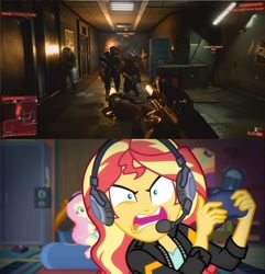Size: 876x908 | Tagged: safe, artist:brandonale, edit, edited screencap, screencap, fluttershy, sunset shimmer, human, equestria girls, g4, game stream, my little pony equestria girls: better together, angry, comparison, cyberpunk 2077, gamer sunset, meme, rage, tell me what you need