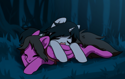 Size: 1374x866 | Tagged: safe, artist:lara_kill_craft, pegasus, pony, unicorn, clothes, commission, disguise, disguised siren, duo, duo male, eyes closed, fangs, folded wings, forest, grass, horn, kellin quinn, lying down, male, on ground, open mouth, outdoors, pierce the veil, ponified, prone, shirt, sleeping, sleeping with sirens, stallion, t-shirt, vic fuentes, wings, ych result