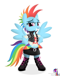 Size: 1800x2300 | Tagged: safe, artist:intelmax89, rainbow dash, pony, g4, belt, bipedal, boots, clothes, ear piercing, earring, eyeshadow, hoof boots, jacket, jewelry, leather jacket, makeup, midriff, mohawk, piercing, ripped stockings, shirt, shoes, simple background, skirt, solo, stockings, t-shirt, thigh highs, torn clothes, transparent background