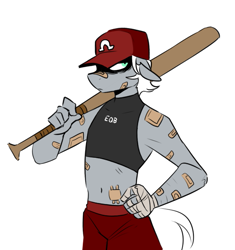 Size: 653x694 | Tagged: safe, artist:redxbacon, oc, oc only, oc:single strike, anthro, bandage, baseball bat, belly button, breasts, clothes, delicious flat chest, female, floppy ears, masculine mare, midriff, reverse trap, solo, sports bra, tomboy