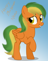 Size: 2200x2800 | Tagged: safe, artist:ponyrailartist, oc, oc only, oc:naviga, pegasus, pony, happy, happy birthday, high res, looking back, show accurate, simple background, solo