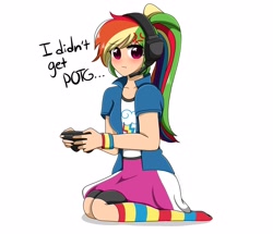 Size: 3296x2832 | Tagged: safe, artist:kittyrosie, rainbow dash, human, equestria girls, g4, :t, blushing, clothes, cross-popping veins, cute, dashabetes, emanata, headphones, high res, human coloration, missing shoes, ponytail, rainbow socks, simple background, socks, solo, stocking feet, striped socks, white background