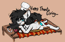 Size: 2086x1362 | Tagged: safe, artist:claudearts, oc, oc only, oc:frostie, earth pony, pony, apple, bun, butter, food, hat, holiday, sauce, spoon, table, thanksgiving
