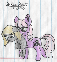 Size: 2332x2548 | Tagged: safe, artist:solder point, cheerilee, oc, oc:asher, earth pony, pony, g4, bored, carrying, colored, duo, ear fluff, eye clipping through hair, eyebrows, eyebrows visible through hair, fanfic art, female, filly, floppy ears, grumpy, high res, lined paper, mare, scruff, signature, traditional art, upset, walking