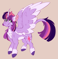 Size: 857x870 | Tagged: safe, artist:sonaartist, twilight sparkle, alicorn, pony, g4, alternate universe, cloven hooves, female, leonine tail, looking at you, mare, simple background, smiling, solo, spread wings, twilight sparkle (alicorn), unshorn fetlocks, wings