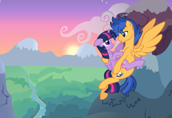 Size: 2000x1378 | Tagged: safe, artist:stellamoonshineyt, flash sentry, twilight sparkle, alicorn, pony, g4, female, flying, male, ship:flashlight, shipping, straight, sunset, twilight sparkle (alicorn)