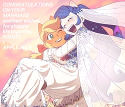 Size: 3500x3000 | Tagged: safe, artist:chapaghettii, applejack, fluttershy, rarity, sci-twi, sunset shimmer, twilight sparkle, equestria girls, blushing, bridal carry, cape, carrying, clothes, cravat, crying, dress, female, lesbian, liquid pride, marriage, married couple, ponied up, pony ears, rarijack, shipping, suit, tears of joy, veil, wedding, wedding dress, wedding veil