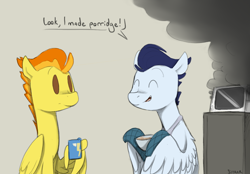 Size: 1150x800 | Tagged: safe, artist:sinrar, soarin', spitfire, pegasus, pony, breakfast, burning, coffee mug, dialogue, duo, eyes closed, male, microwave, mug, no pupils, simple background, smiling, smoke, stallion, wing hands, wings, wonderbolts