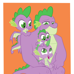 Size: 2000x2000 | Tagged: safe, artist:squipycheetah, part of a set, spike, dragon, g4, the last problem, abstract background, adult, adult spike, baby, baby dragon, baby spike, cute, diaper, dragon hat, gigachad spike, happy, high res, male, missing accessory, multeity, older, older spike, orange background, pit of spikes, self dragondox, self paradox, simple background, sitting, smiling, spikabetes, time paradox, winged spike, wings, younger