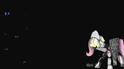 Size: 1920x1080 | Tagged: safe, artist:kippzu, fluttershy, pegasus, pony, g4, amulet, armor, clothes, dark souls, eyes in the dark, female, floppy ears, jewelry, mare, mouth hold, scared, shield, solo, sword, wallpaper, weapon, wide eyes