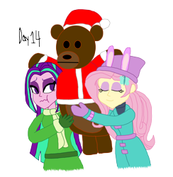 Size: 1280x1312 | Tagged: safe, artist:horroraceman93, aria blaze, fluttershy, equestria girls, g4, my little pony equestria girls: better together, clothes, duo, female, lesbian, ship:ariashy, shipping, simple background, teddy bear, transparent background, winter outfit