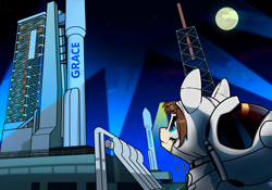 Size: 4784x3349 | Tagged: safe, artist:dacaoo, pony, atlas v, commission, full moon, looking at something, moon, night, night sky, rocket, sky, spacesuit, stars
