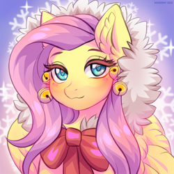 Size: 1200x1200 | Tagged: safe, artist:margony, fluttershy, pegasus, pony, g4, bell, blushing, bow, bust, cat bell, clothes, cute, ear fluff, female, looking at you, mare, portrait, ribbon, shyabetes, solo, wings, winter outfit