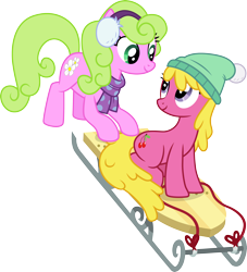 Size: 3000x3307 | Tagged: safe, artist:cloudy glow, cherry berry, daisy, flower wishes, earth pony, pony, g4, tanks for the memories, clothes, duo, earmuffs, female, high res, mare, scarf, simple background, sled, transparent background, vector, winter hat, winter outfit