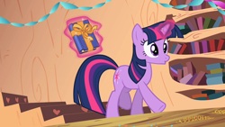 Size: 1280x720 | Tagged: safe, screencap, twilight sparkle, pony, unicorn, g4, secret of my excess, adorkable, book, bookhorse, cute, dork, female, golden oaks library, levitation, magic, mare, present, raised hoof, solo, stairs, telekinesis, twiabetes, unicorn twilight