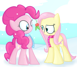 Size: 1280x1123 | Tagged: safe, artist:mr-degration, fluttershy, pinkie pie, earth pony, pegasus, pony, g4, clothes, duo, female, holly, holly mistaken for mistletoe, lesbian, scarf, ship:flutterpie, shipping, snow