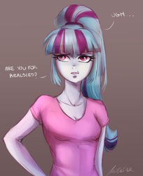 Size: 2118x2601 | Tagged: safe, artist:buttersprinkle, sonata dusk, equestria girls, g4, my little pony equestria girls: rainbow rocks, breasts, cleavage, clothes, dialogue, eyeroll, female, for realzies, hand on hip, high res, looking at you, ponytail, shirt, simple background, solo, t-shirt, talking to viewer, ugh