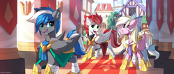 Size: 3000x1266 | Tagged: safe, artist:redchetgreen, oc, oc only, oc:bay breeze, oc:cloud zapper, oc:swift apex, pegasus, pony, armor, bow, building, canterlot, ear fluff, female, guardsmare, hair bow, male, mare, open mouth, pegasus oc, raised hoof, royal guard, scenery, smiling, stallion, tail bow, trio, wings