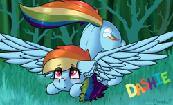 Size: 2910x1764 | Tagged: safe, artist:llametsul, rainbow dash, pegasus, pony, g4, :<, ass up, blushing, crouching, cute, cutie mark, dashabetes, ear fluff, eye clipping through hair, feather, female, grass, heart eyes, looking up, mare, progress, raised tail, redraw, signature, solo, spread wings, tail, tree, wingding eyes, wings