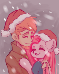 Size: 700x875 | Tagged: safe, artist:valeria_fills, pinkie pie, earth pony, human, pony, g4, christmas, clothes, cuddling, digital art, eyes closed, female, friendshipping, hat, holiday, hooves, hug, male, mare, pinkamena diane pie, postal 2, postal dude, santa hat, simple background, snow, trenchcoat