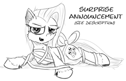 Size: 1500x969 | Tagged: safe, artist:chopsticks, pinkie pie, earth pony, pony, g4, alternate cutie mark, bedroom eyes, bow, cheek fluff, ear fluff, fangs, female, gift wrapped, kinkamena, looking at you, lying down, mare, monochrome, pinkamena diane pie, ribbon, sketch, solo, text, unshorn fetlocks