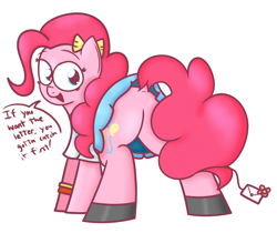 Size: 3812x3200 | Tagged: safe, artist:mr-degration, pinkie pie, earth pony, pony, g4, balloonbutt, butt, clothes, dock, female, high res, letter, looking at you, looking back, looking back at you, open mouth, plot, skirt, solo, talking to viewer