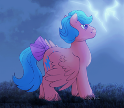 Size: 762x666 | Tagged: safe, artist:pigeorgien, firefly, pegasus, pony, g1, bow, hoof fluff, lightning, solo, tail bow