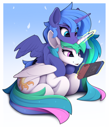 Size: 2020x2345 | Tagged: safe, artist:yakovlev-vad, princess celestia, princess luna, alicorn, pony, gamer luna, g4, cute, cutelestia, duo, duo female, eye clipping through hair, eyebrows, eyebrows visible through hair, female, glowing, glowing horn, gradient background, high res, horn, hug, levitation, lunabetes, magic, magic aura, mare, nintendo, nintendo switch, open mouth, royal sisters, s1 luna, siblings, simple background, sisters, sitting, telekinesis, video game, wings