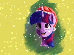 Size: 2048x1535 | Tagged: safe, artist:phutashi, twilight sparkle, pony, g4, bust, christmas, female, front view, full face view, hat, holiday, looking at something, looking up, mare, open mouth, santa hat, smiling, snow, snowfall, solo, speedpaint available