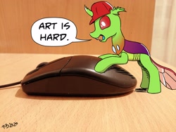 Size: 3120x2340 | Tagged: safe, artist:pony-berserker, oc, oc:berzie, changedling, changeling, pony, computer mouse, high res, irl, male, photo, ponies in real life, speech bubble