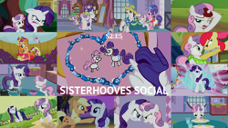 Size: 1990x1119 | Tagged: safe, edit, edited screencap, editor:quoterific, screencap, apple bloom, applejack, cookie crumbles, hondo flanks, rarity, spike, sweetie belle, dragon, earth pony, pony, unicorn, g4, sisterhooves social, angry, applejack's hat, argument, cowboy hat, eyes closed, hat, mud puddle, open mouth, rain