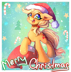 Size: 1200x1221 | Tagged: safe, artist:chaosangeldesu, applejack, earth pony, pony, g4, christmas, cute, female, hat, holiday, jackabetes, mare, open mouth, sandbag, santa hat, santa sack, solo