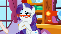 Size: 1136x640 | Tagged: safe, screencap, rarity, pony, unicorn, g4, season 9, she's all yak, cute, female, glasses, raribetes, sewing machine, solo