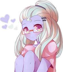 Size: 841x950 | Tagged: safe, artist:riouku, edit, sugarcoat, equestria girls, g4, background edit, cute, heart, knees, looking at you, palindrome get, simple background, solo, sugarcute, transparent background