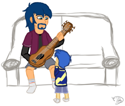 Size: 988x836 | Tagged: safe, artist:fluidty, flash sentry, human, equestria girls, g4, couch, flash's dad, guitar, male, musical instrument, sketch, young flash sentry, younger