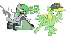 Size: 2741x1399 | Tagged: safe, artist:moonatik, oc, oc:lemming, oc:trivial pursuit, earth pony, pegasus, pony, atf, beanie, bloodshot eyes, cap, commission, dialogue, freckles, glasses, glowie, glowing, go-kart, hat, high, male, running, simple background, spread wings, stallion, stoned, transparent background, wheel, wings, yelling