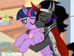 Size: 2082x1581 | Tagged: safe, anonymous artist, derpibooru exclusive, king sombra, twilight sparkle, alicorn, pony, unicorn, g4, .svg available, apron, base used, bipedal, blushing, bowl, cheek kiss, cleaning, cloak, clothes, corrupted twilight sparkle, dishes, eyes closed, female, fruit, horn, horn crystals, housewife, kissing, kitchen, magic suppression, male, mind control, one eye closed, refrigerator, ship:twibra, shipping, sombra eyes, stallion, straight, svg, twilight sparkle (alicorn), vector, victorious villain, wink
