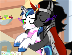 Size: 2082x1581 | Tagged: safe, alternate version, anonymous artist, derpibooru exclusive, king sombra, shining armor, pony, unicorn, g4, .svg available, apron, base used, bipedal, blushing, bowl, cheek kiss, cleaning, cloak, clothes, crossdressing, dishes, eyes closed, fruit, gay, hoof polish, horn, horn crystals, horn ring, housewife, infidelity, jewelry, kissing, kitchen, magic suppression, male, mind control, refrigerator, ring, ship:shiningsombra, shipping, sombra eyes, stallion, svg, unshorn fetlocks, vector, victorious villain, wedding ring