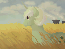 Size: 1024x768 | Tagged: safe, artist:pigeorgien, oc, oc only, oc:trefoil clover, pony, unicorn, cloud, crying, curved horn, female, horn, mare, power plant, solo, wheat