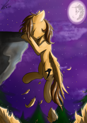 Size: 970x1359 | Tagged: safe, artist:yuris, oc, oc only, oc:sharpwing, pegasus, pony, cliff, feather, mare in the moon, moon, night, solo, stars