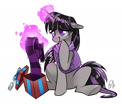 Size: 2088x1775 | Tagged: safe, artist:opalacorn, oc, oc only, oc:magna-save, pony, unicorn, birthday, birthday present, clothes, cute, gift art, gift giving, happy, jacket, magic, present, scarf, simple background, solo