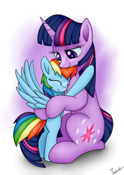 Size: 2480x3507 | Tagged: safe, artist:twidasher, rainbow dash, twilight sparkle, pegasus, pony, unicorn, g4, abstract background, chest fluff, cute, dashabetes, duo, duo female, eyes closed, female, filly, filly rainbow dash, high res, hug, mama twilight, mare, signature, size difference, smiling, this will end in timeline distortion, twiabetes, unicorn twilight, younger