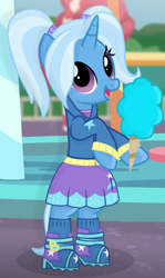 Size: 1363x2283 | Tagged: safe, artist:grapefruitface1, trixie, pony, unicorn, g4, alternate hairstyle, babysitter trixie, base used, bipedal, clothes, cotton candy, equestria girls outfit, equestria girls ponified, hoodie, human pony trixie, looking at you, ponified, roller coaster, shoes, show accurate, skirt, socks, solo