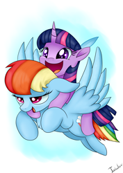 Size: 2480x3507 | Tagged: safe, artist:twidasher, rainbow dash, twilight sparkle, pegasus, pony, unicorn, g4, duo, duo female, female, flying, gradient background, high res, lesbian, mare, open mouth, open smile, ponies riding ponies, riding, ship:twidash, shipping, signature, smiling, twilight riding rainbow dash, unicorn twilight