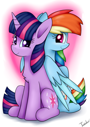 Size: 2480x3507 | Tagged: safe, artist:twidasher, rainbow dash, twilight sparkle, pegasus, pony, unicorn, g4, back to back, duo, female, gradient background, high res, lesbian, mare, ship:twidash, shipping, signature, smiling, unicorn twilight